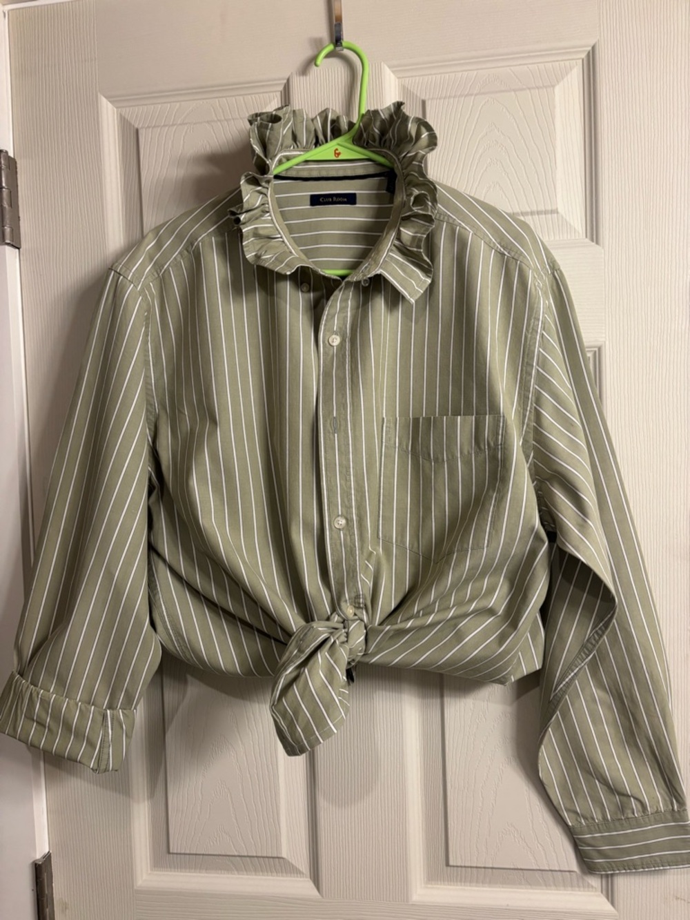Upcycled women’s Club Room Olive Green/White Striped Shirt with Ruffle Collar